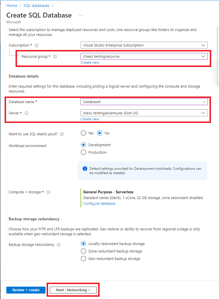 Screenshot showing how to create a server for your database.