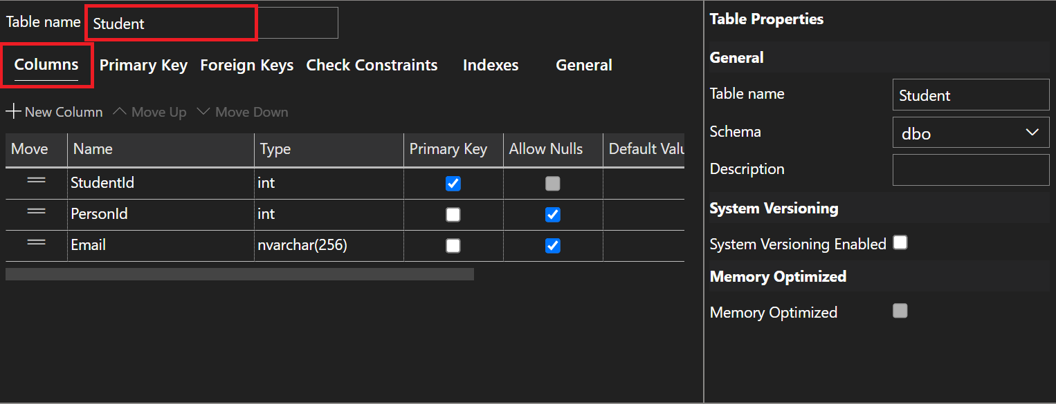 Screenshot of Student Table in Table Designer.