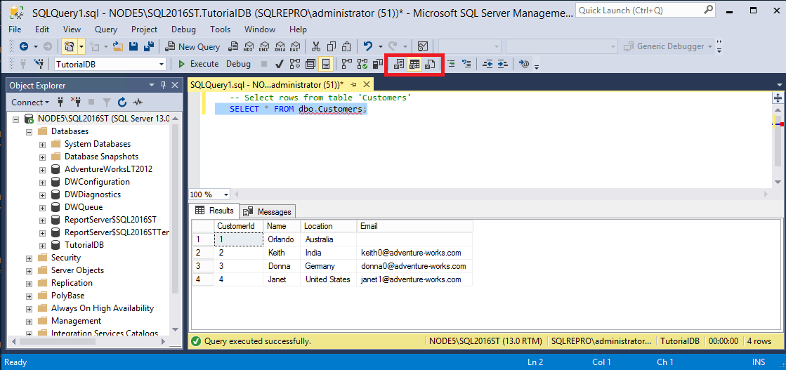 Three options for displaying query results