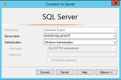 "Server name" field with example instance name
