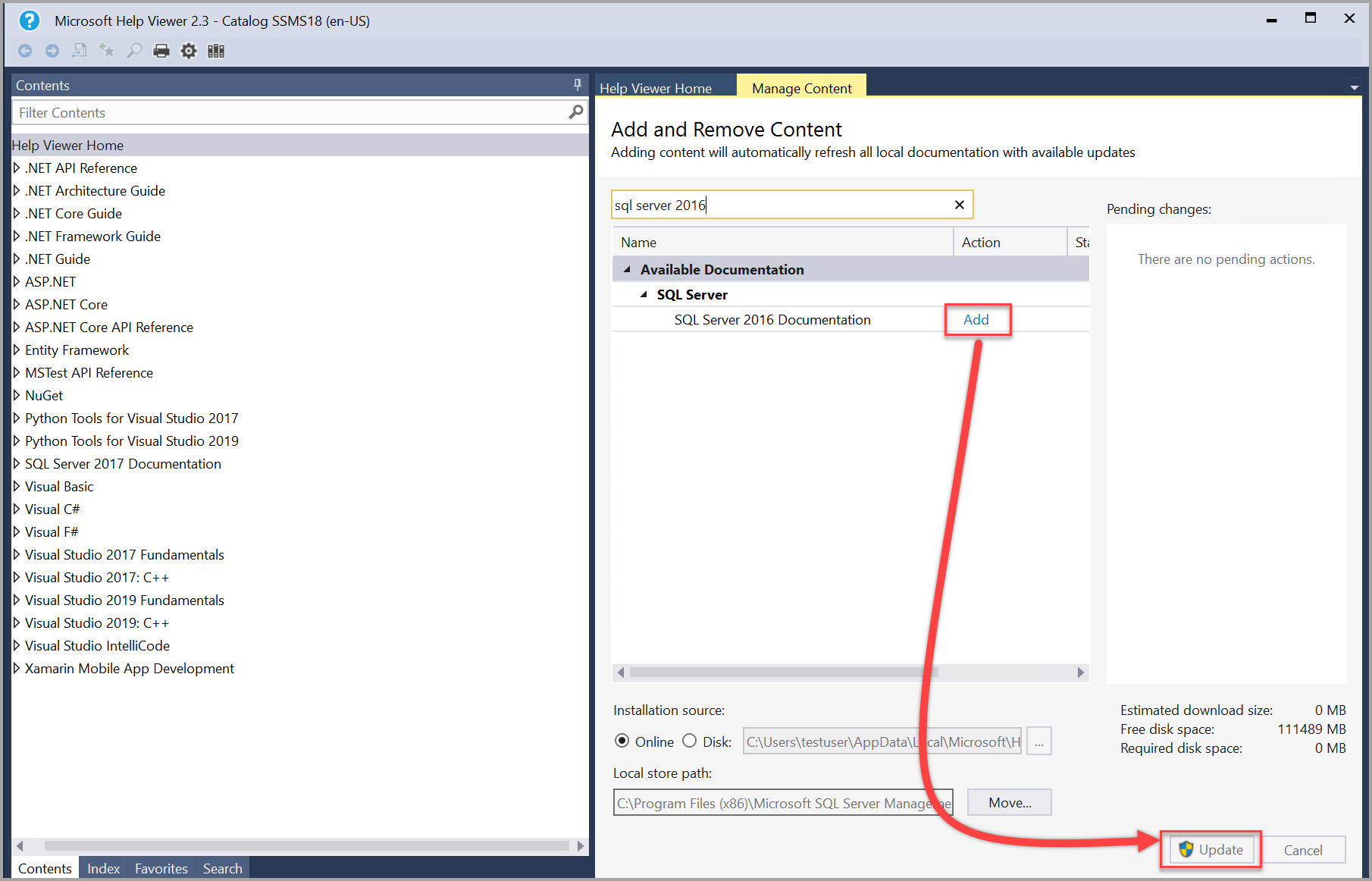 SQL Server 2016 books add and update in Help Viewer