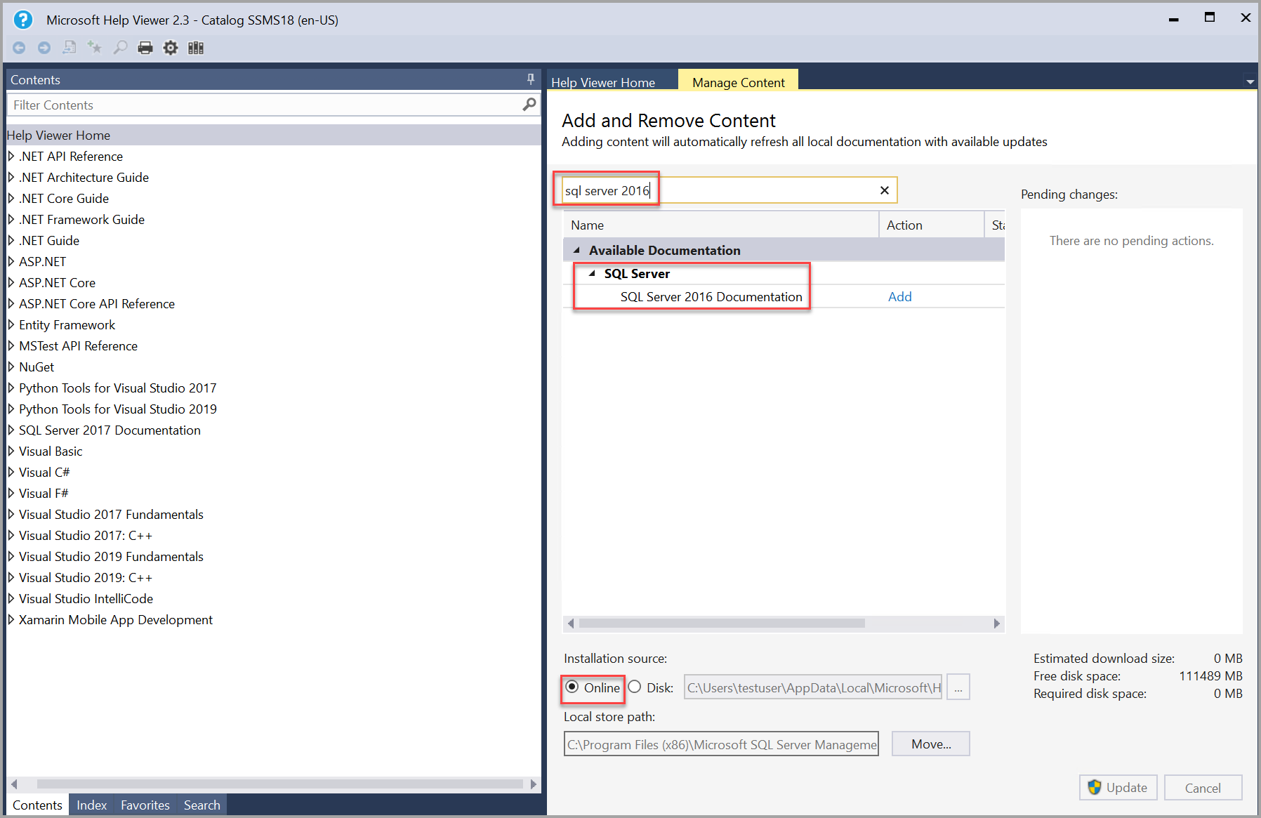 SQL Server 2016 books search in Help Viewer