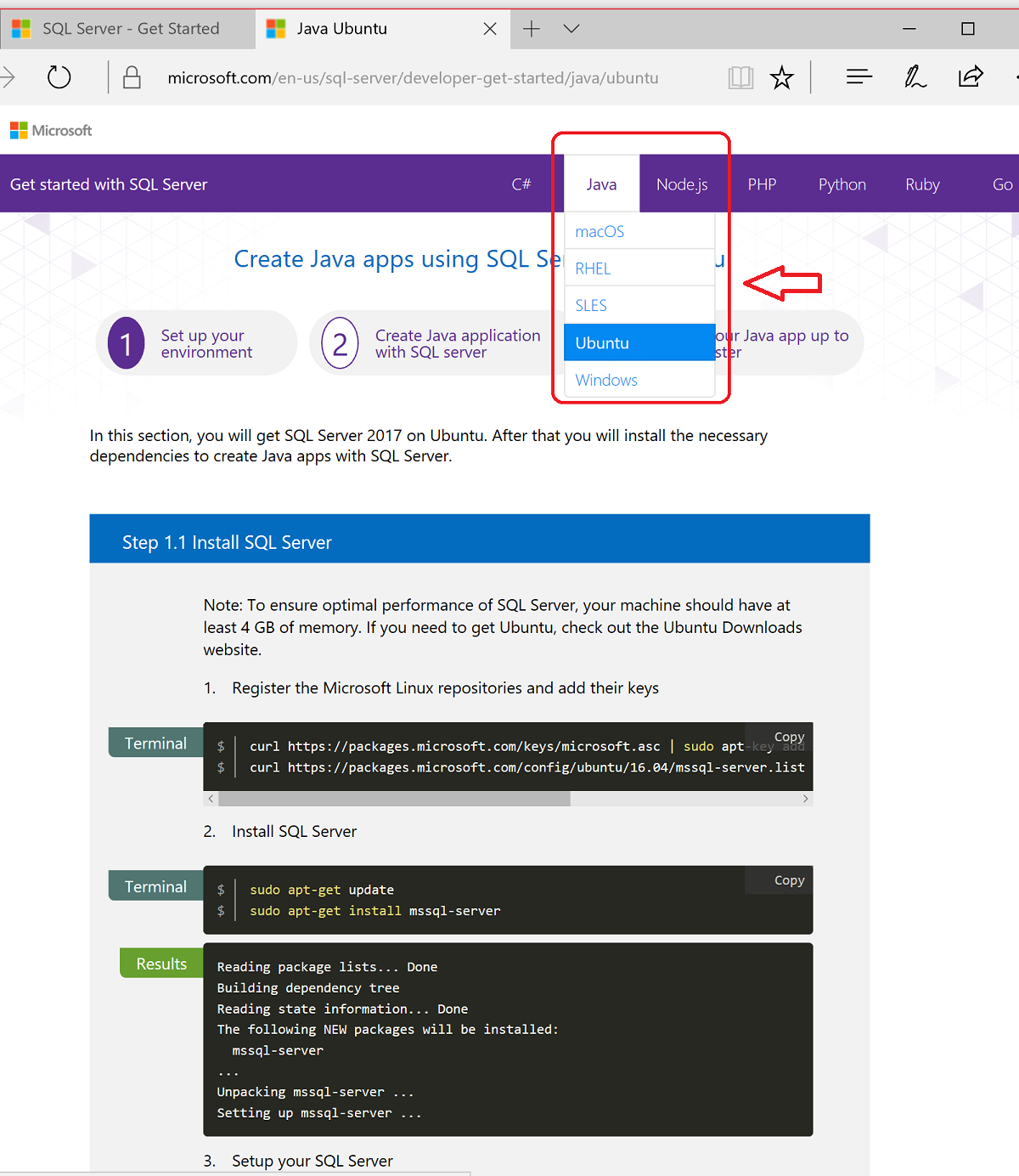 Build-an-app webpages, menu Java Ubuntu