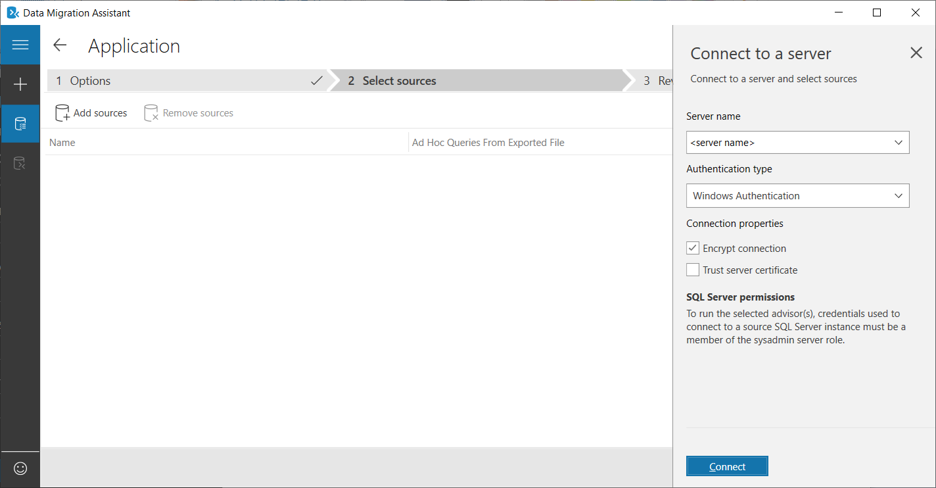 Data Migration Assistant select SQL Server source