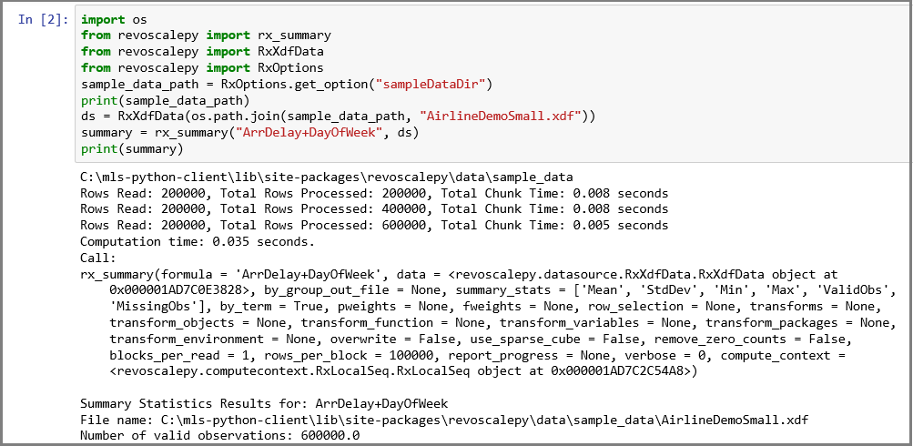 jupyter notebook showing revoscalepy inputs and output