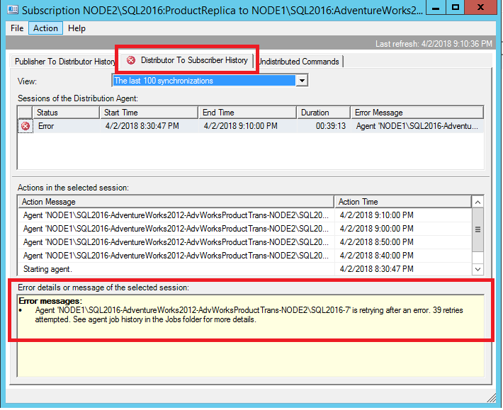 Error details for the Distribution Agent