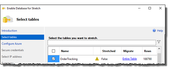 Select tables page of Stretch Database wizard
