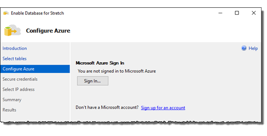 Sign in to Azure - Stretch Database wizard