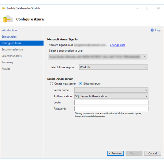 Select existing Azure server - Stretch Database wizard