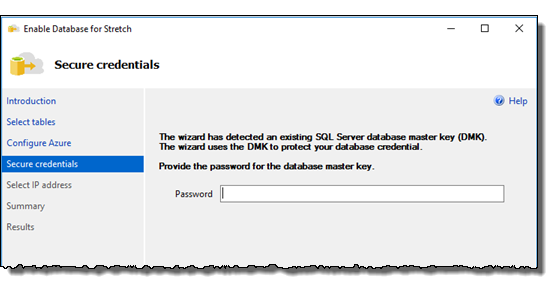 Secure credentials page of the Stretch Database wizard