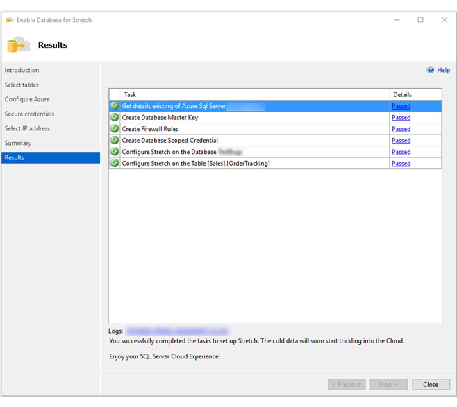 Results page of the Stretch Database wizard
