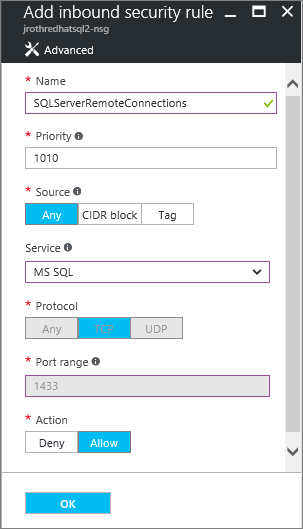 MS SQL security group rule