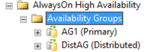 View in SQL Server Management Studio of the primary replica on the first WSFC cluster of a distributed availability group