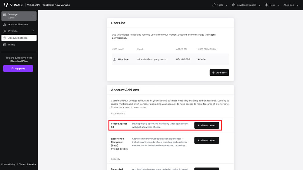 Screenshot of account add-ons dashboard