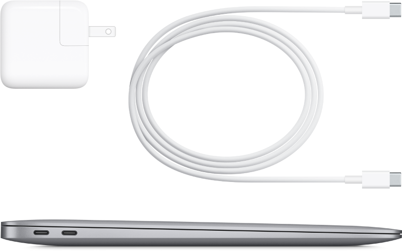 MacBook Air 帶有隨附配件的側邊視圖。
