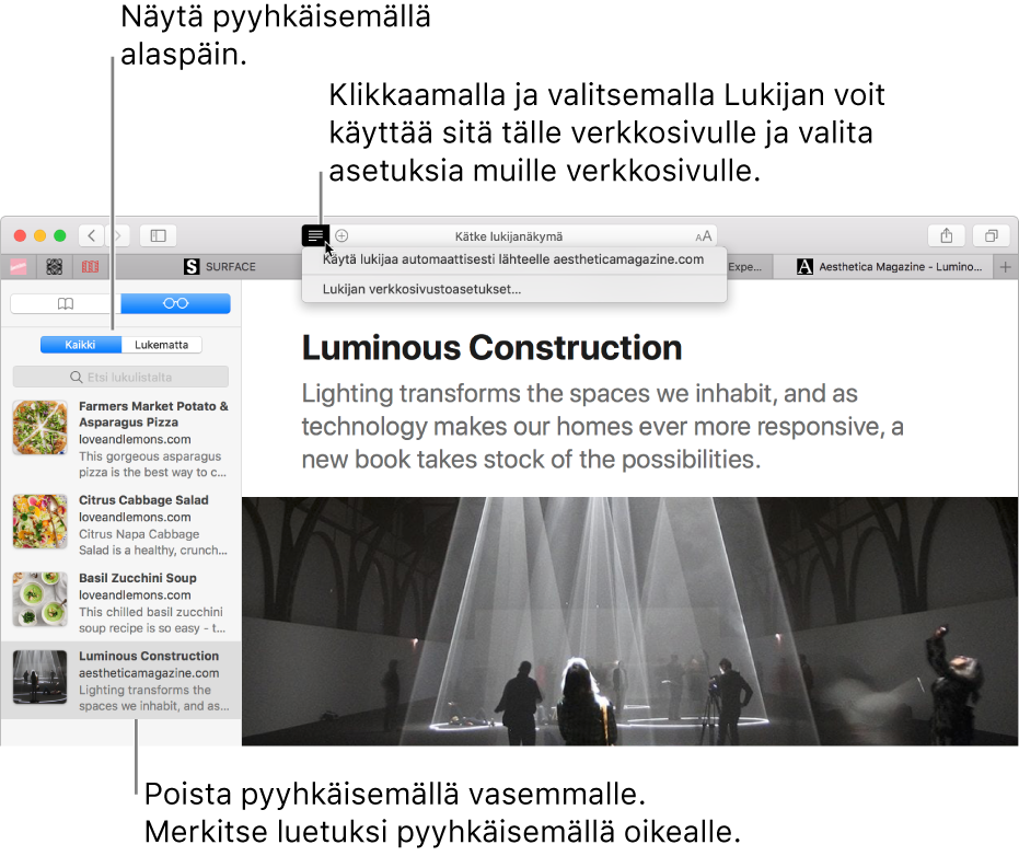 Safarin ikkuna, jossa näkyy lukulista.