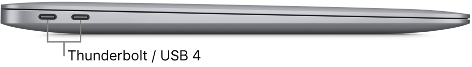 מבט מצד שמאל על MacBook Air עם סימונים של יציאות Thunderbolt / USB 4.
