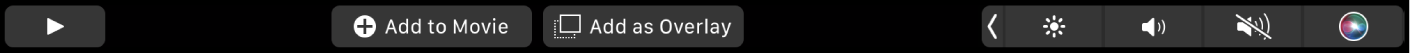 The iMovie Touch Bar showing buttons for favorite, delete, play, add to movie, and add as overlay.