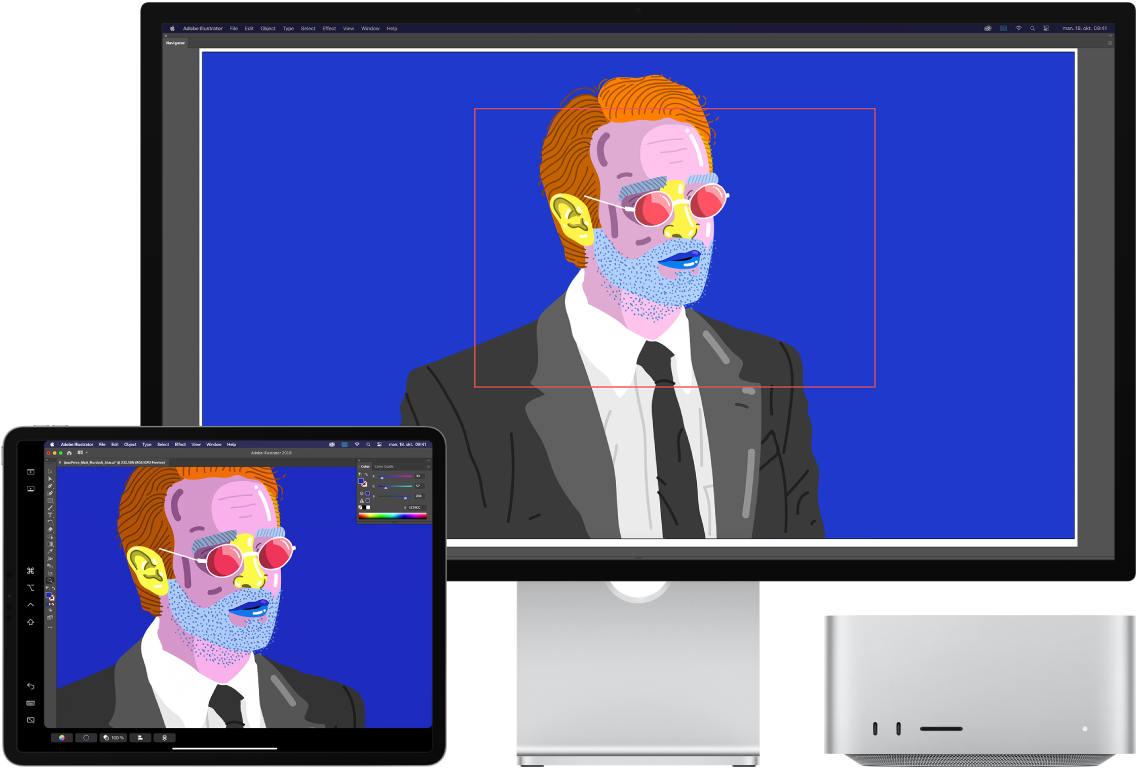 En Mac Studio og iPad ved siden av hverandre. Mac Studio viser illustrasjoner i navigeringsvinduet i Illustrator. iPad viser den samme kunsten i dokumentvinduet i Illustrator, omgitt av verktøylinjer.