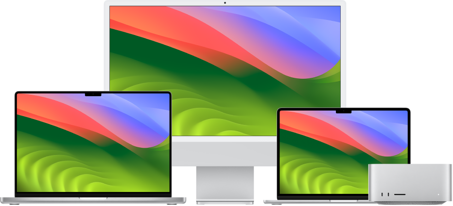 De gauche à droite, un MacBook Pro, un iMac et un MacBook Air avec des bureaux colorés. Un Mac Studio se trouve tout à droite.