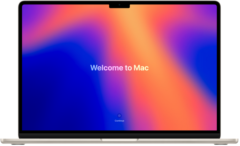 打開的 MacBook Air,螢幕上顯示「哈囉」的文字和「開始使用」的按鈕。
