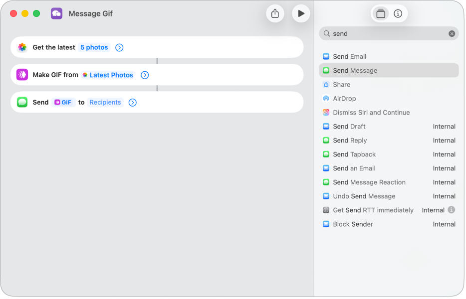 Shortcut editor showing the sequence of actions in a shortcut.