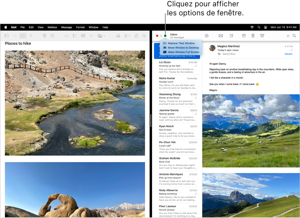 Une présentation Keynote remplissant le côté gauche de l’écran et un document Pages remplissant le côté droit. Un menu local est ouvert sous le bouton vert et propose les options « Remplacer la fenêtre en mosaïque », « Déplacer la fenêtre sur le bureau » et « Afficher la fenêtre en plein écran ».