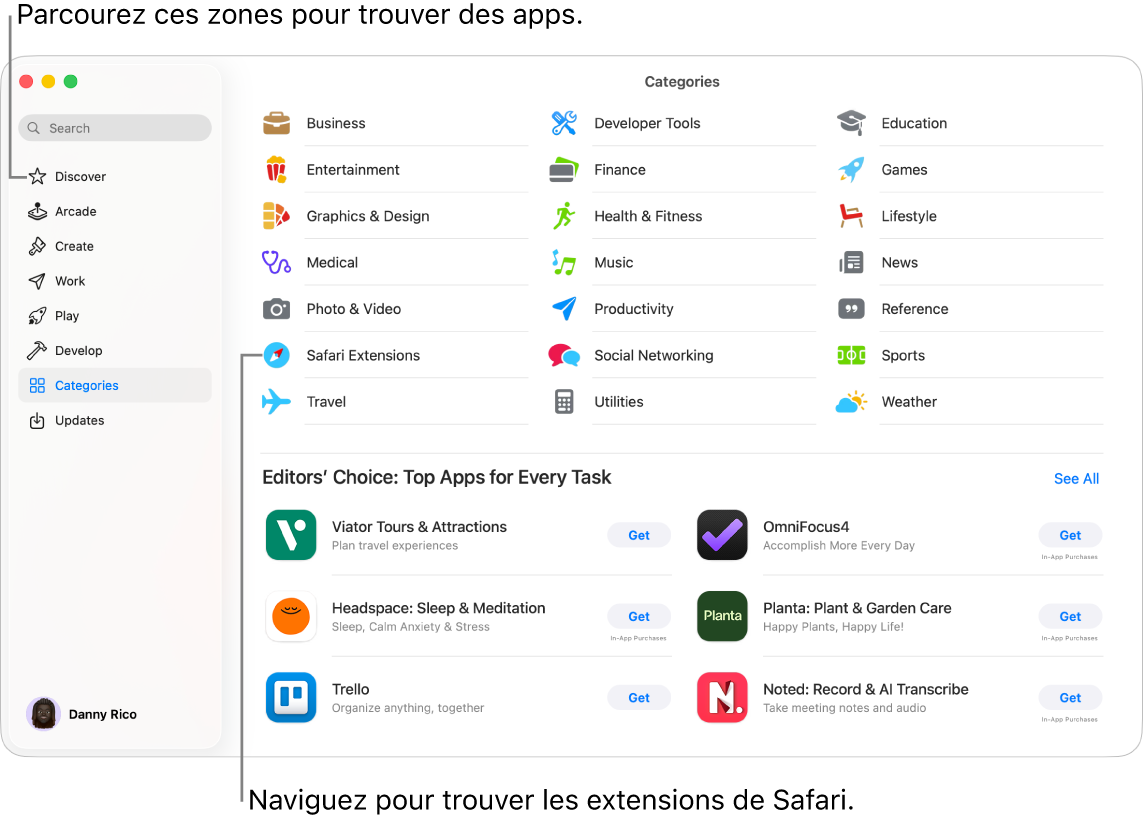 La page Catégories de l’App Store pour Mac. La barre latérale située à gauche inclut aussi des liens vers d’autres pages : Découvrir, Arcade, Créer, Travailler, Jouer, Développer et Mises à jour.