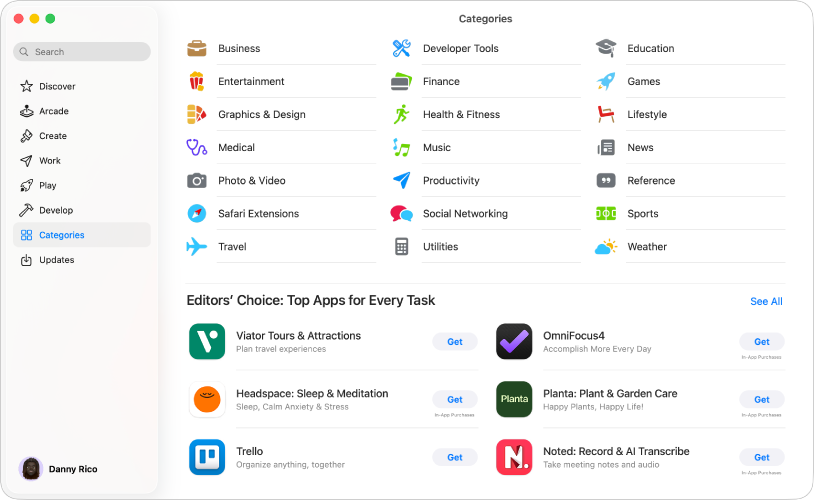 Kategoriler Mac App Store sayfası. Sol taraftaki kenar çubuğu diğer sayfalara bağlantıları da içeriyor: Keşfet, Arcade, Yarat, Çalış, Oyna, Geliştir ve Güncellemeler.