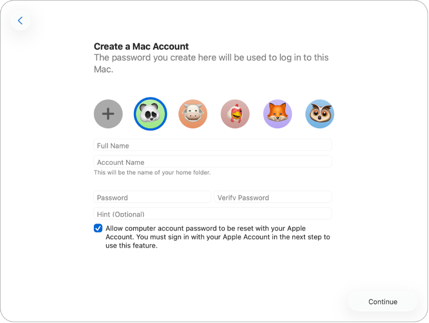 Екран на Setup Assistant (Помощник за настройка), на който е изписано „Create a Mac Account” („Създаване на регистрация на Mac“).