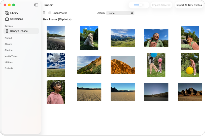 Die App „Fotos“ mit einem iPhone, das in der Seitenleiste ausgewählt ist, und dem geöffneten Importfenster