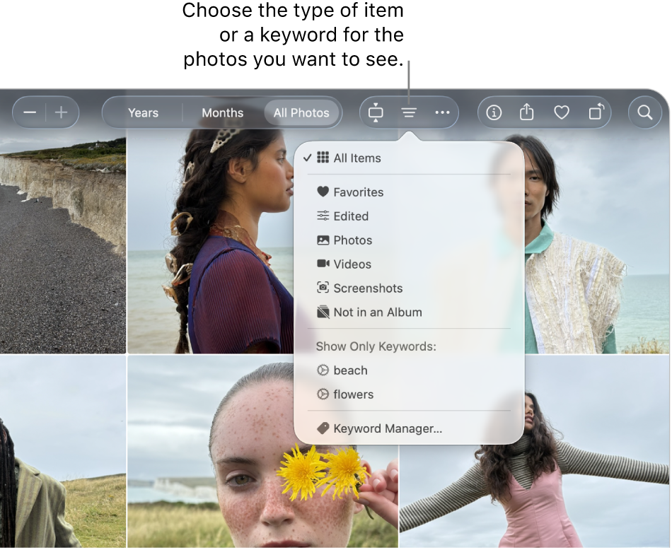 The Filter pop-up menu set to show all items. Click the Filter button to choose the type of item or a keyword for the photos you want to see.