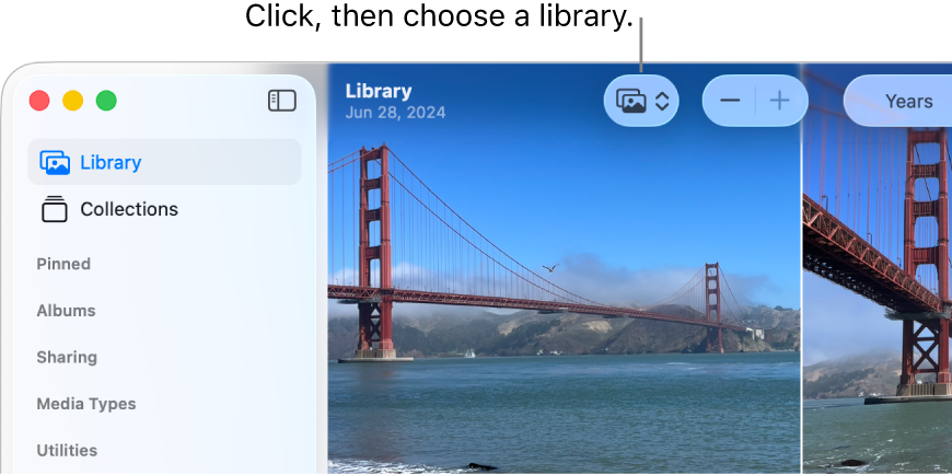 The top-left area of the Photos window, showing the sidebar and Library pop-up menu in the toolbar.