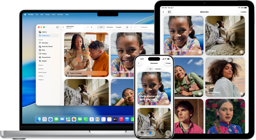 iPhone, MacBook i iPad prikazuju uspomene iz iste medijateke fotografija.