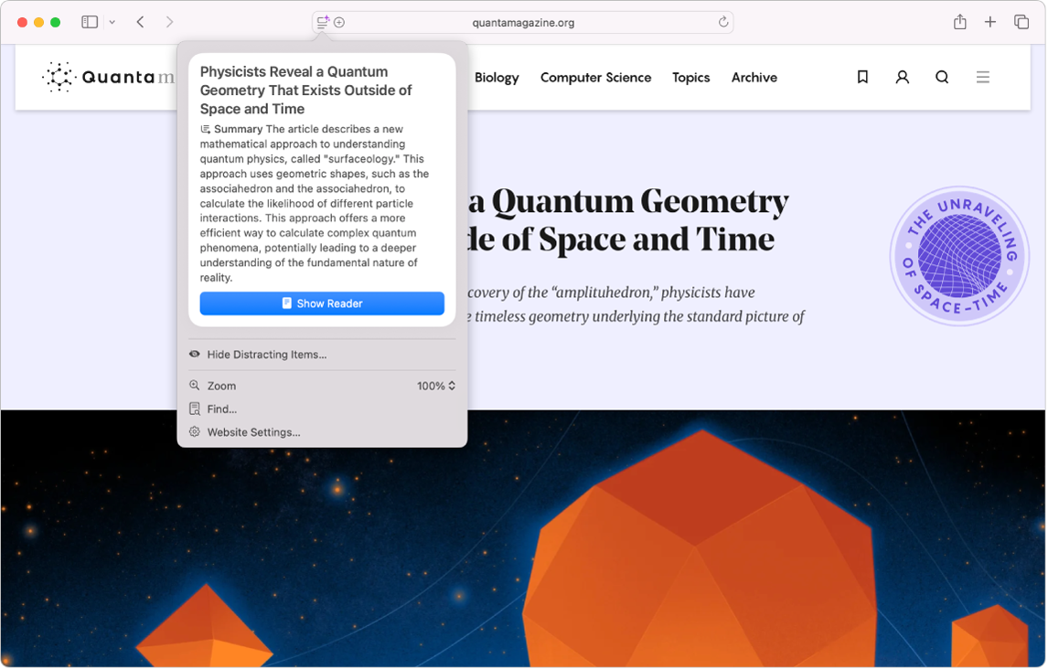 Safari App 顯示物理學文章的重點。