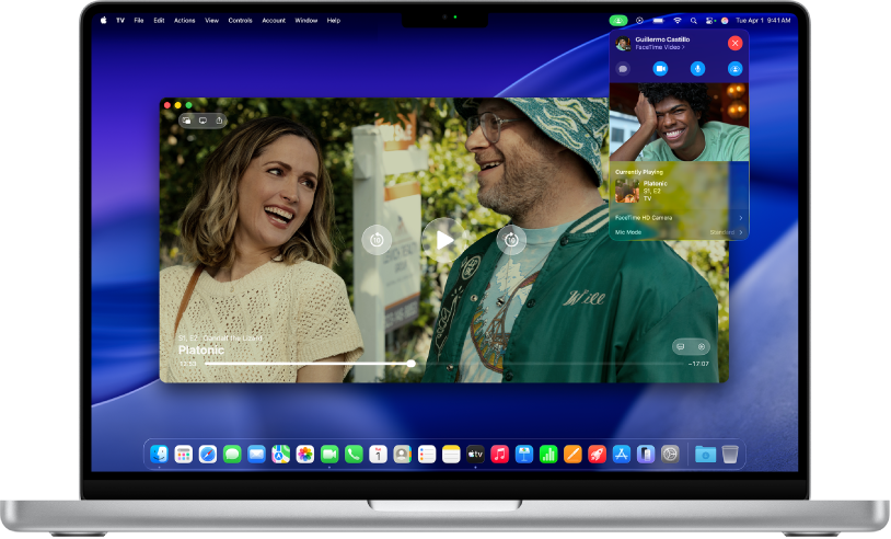 SharePlay on a Mac shown with the Apple TV app and a live FaceTime call.