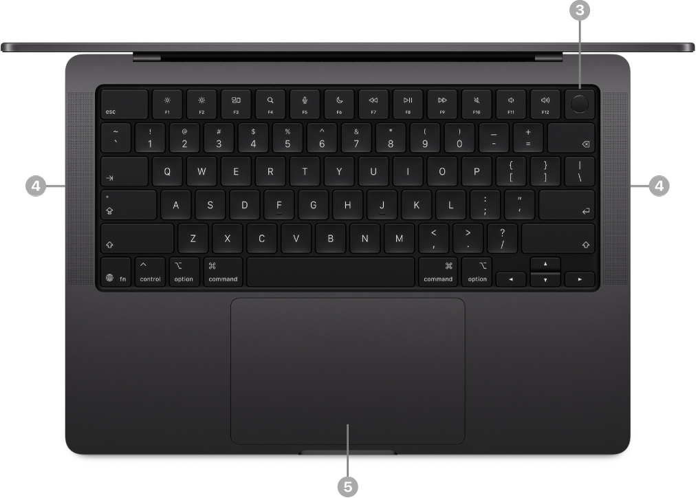 Una MacBook Pro abierta, vista desde arriba, que muestra el botón Touch ID (encendido), las bocinas y el trackpad Force Touch.