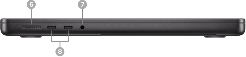 Pogled z leve strani na MacBook Pro prikazuje vhod MagSafe 3, dva vhoda Thunderbolt (USB-C) in 3,5-milimetrski priključek za zvok.