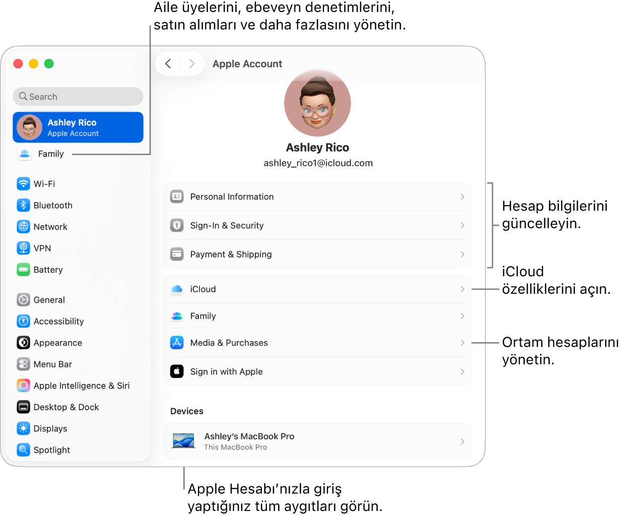 Hesap bilgilerini güncellemeye, iCloud özelliklerini açıp kapatmaya, ortam hesaplarını yönetmeye ve aile üyelerini, ebeveyn denetimlerini, satın alımları ve daha fazlasını yönetebileceğiniz Aile ayarlarını düzenlemeye belirtme çizgileri ile Sistem Ayarları’nda Apple Hesabı ayarları.