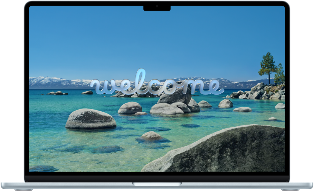 MacBook Air, jonka kansi on auki. Näytöllä näkyy sana ”Tervetuloa”.
