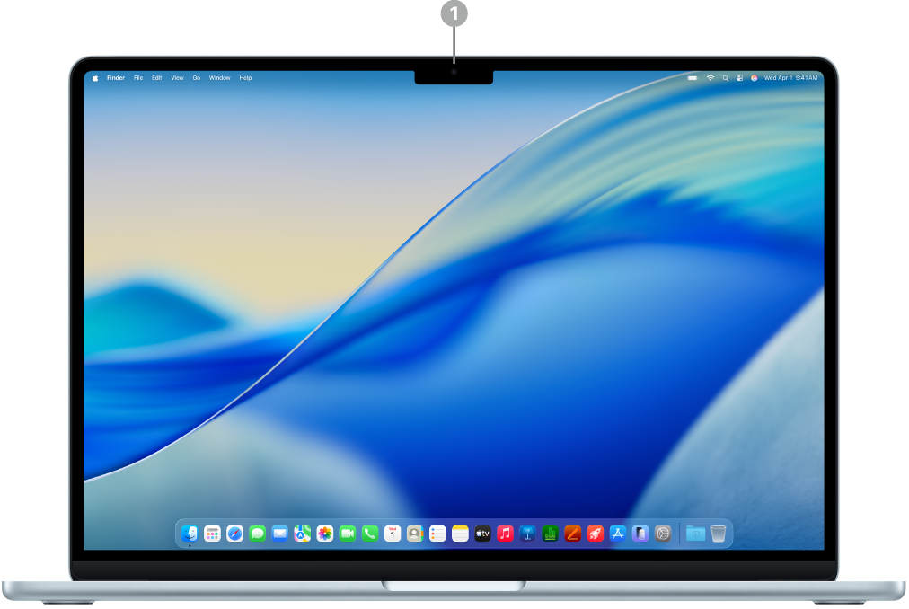 Devant d’un MacBook Air ouvert montrant la caméra 12MP Center Stage.