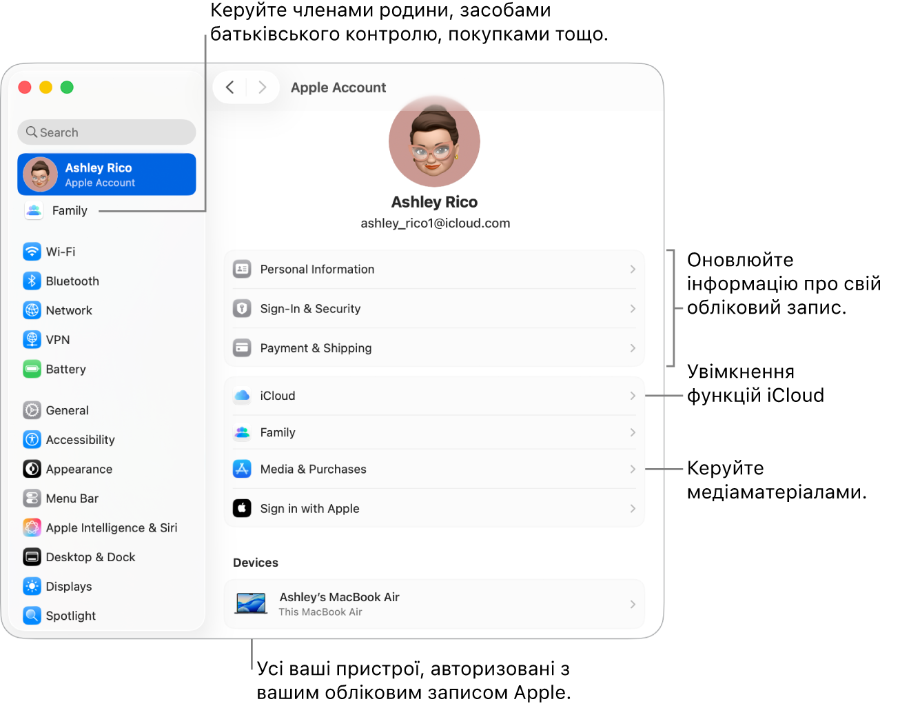 Параметри облікового запису Apple у Системних параметрах із виносками для оновлення інформації про обліковий запис, увімкнення та вимкнення функцій iCloud, керування обліковими записами в соцмережах, а також розділ «Родина», у якому можна керувати учасниками родини, батьківським контролем, покупками тощо.