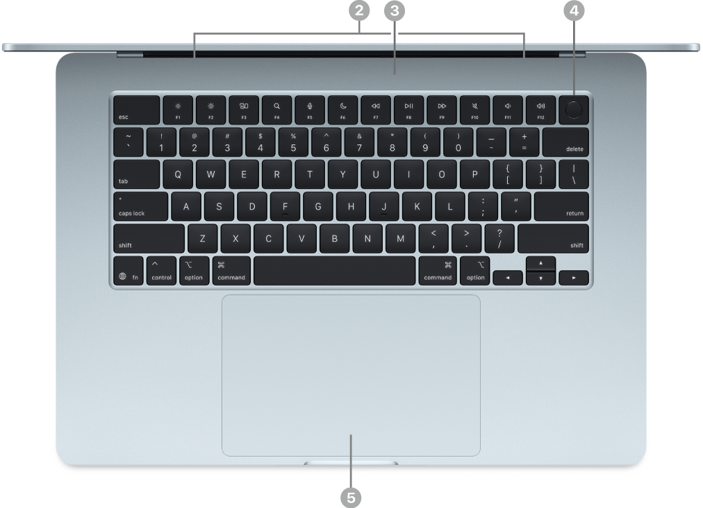 Một MacBook Air đang mở, nhìn từ phía trên, cho thấy các loa, micrô, nút Touch ID (nguồn) và bàn di chuột Force Touch.