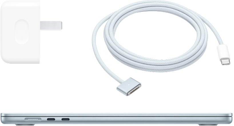 MacBook Air nhìn từ cạnh bên với bộ tiếp hợp nguồn và cáp sạc.