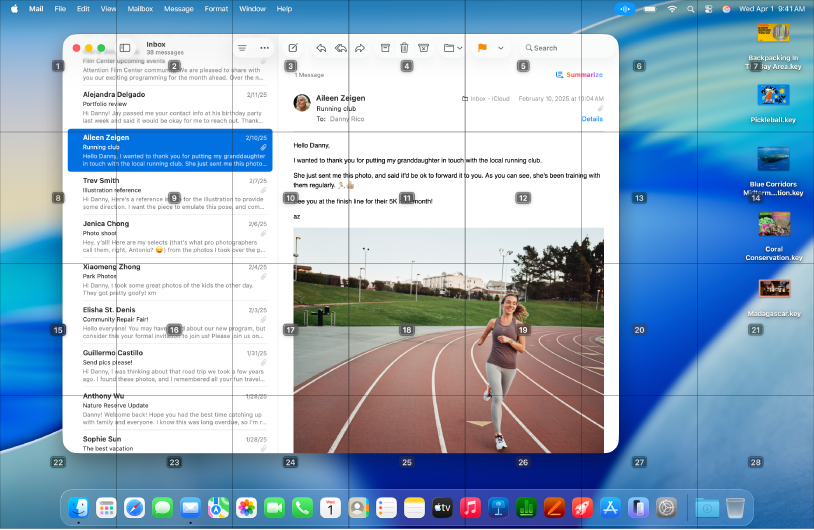 「郵件」App 在 Mac 桌面上打開,格線疊放在其上方。格線中的每個輸入格都包含編號標記。