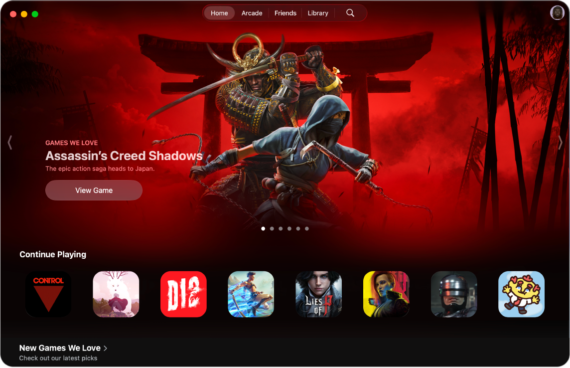 Ứng dụng Apple Games đang hiển thị tab Trang chủ. Màn hình có ảnh bìa quảng cáo cho trò chơi Assassin’s Creed Shadows với phần Tiếp tục chơi.