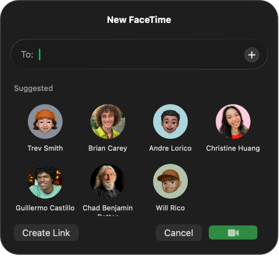 Das Fenster „Neuer FaceTime-Anruf“ – gib Anrufer direkt in das Feld „An“ ein oder wähle sie in „Vorgeschlagen“ aus.