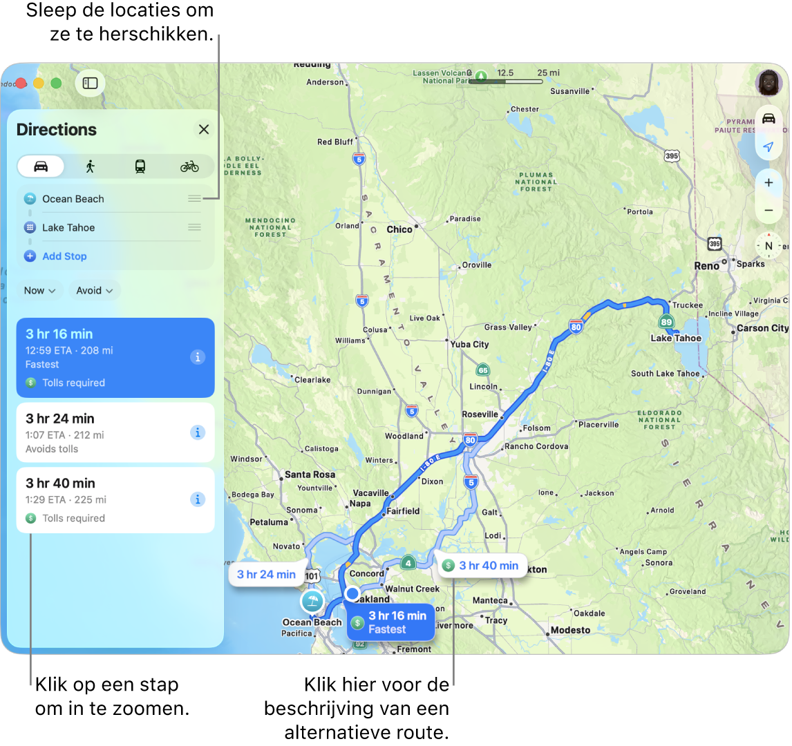 Een kaart van de regio San Francisco met aanwijzingen voor een autoroute tussen twee locaties. Er worden ook alternatieve routes weergegeven op de kaart.