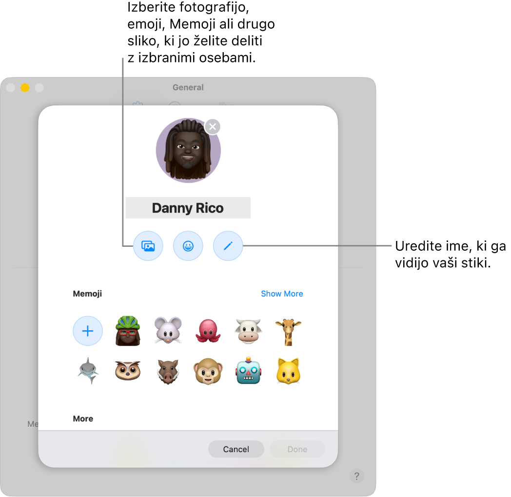 Pogovorno okno Deljenje imena in fotografije z možnostmi za urejanje imena, ki ga vidijo stiki, in izbiro fotografije, emojija, memojija ali druge slike.