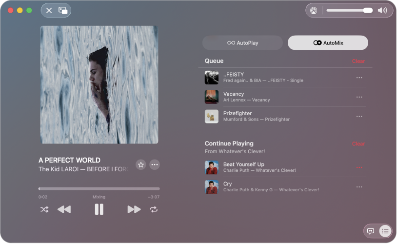 The Apple Music full-screen window showing Now Playing on the left, with AutoMix turned on, the queue and Continue Playing are on the right.